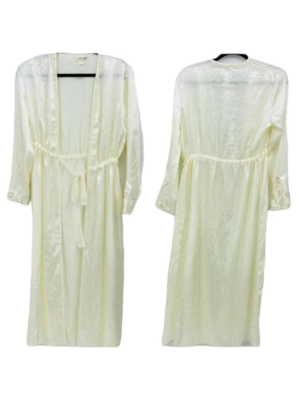 Flora Long Satin Kimono Robe Women's Size S/M Embroidered Long Sleeves Belt Tie